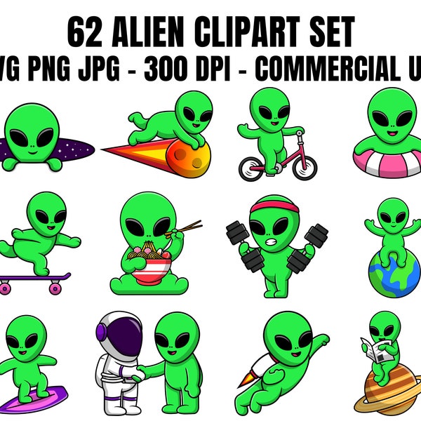 62 Cute Alien Clipart Bundle SVG PNG JPG Icons Kawaii Alien Baby Alien Ufo Clipart Kids Alien Space Clipart Funny Alien Vector Graphics