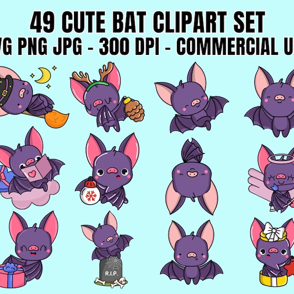 49 Cute Bat Clipart Bundle SVG PNG JPG Kawaii Bat Baby Bat Cute Animal Clipart Little Bat Kids Nursery Vector Graphics