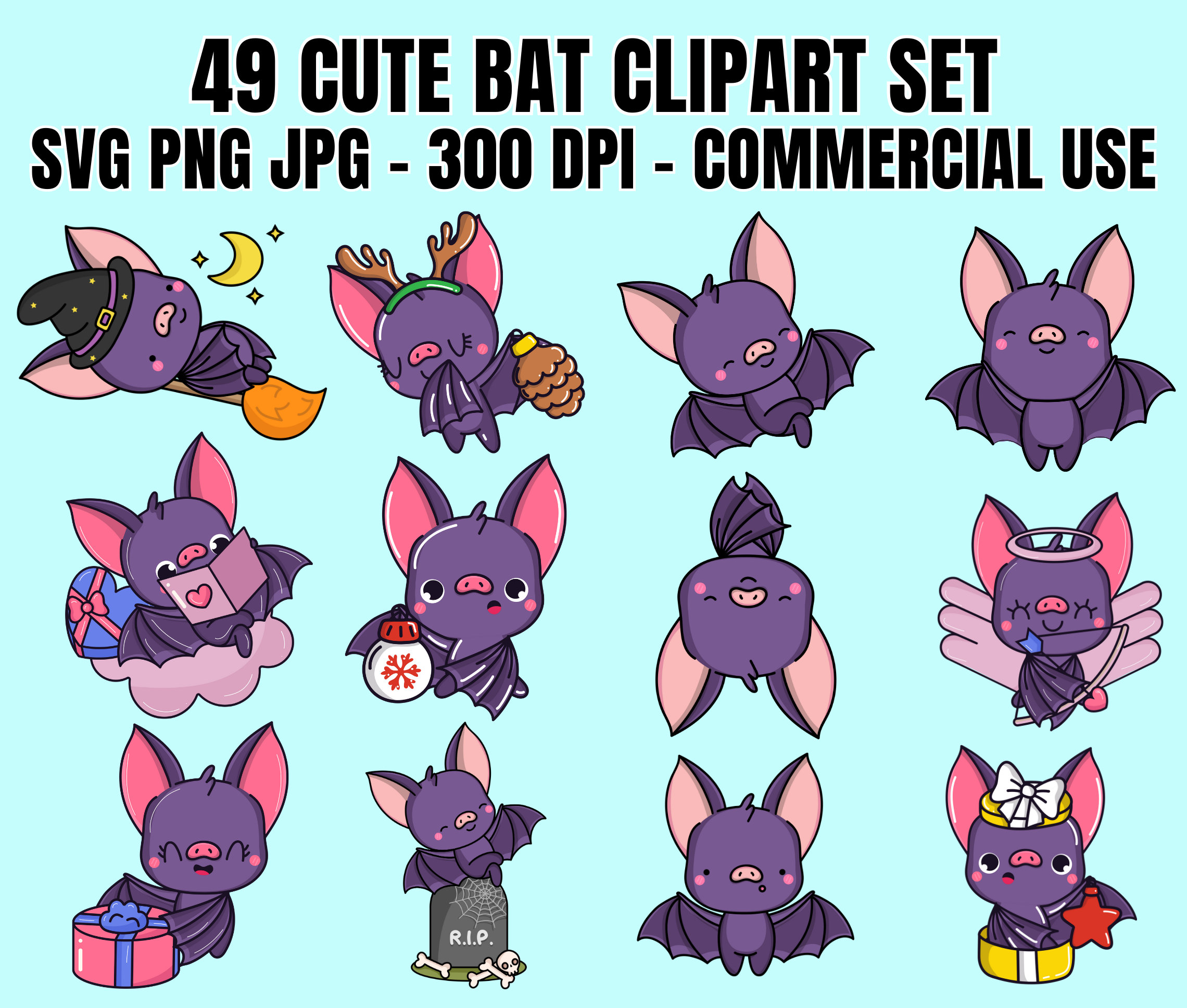 49 Cute Bat Clipart Bundle SVG PNG JPG Kawaii Bat Baby Bat Cute Animal