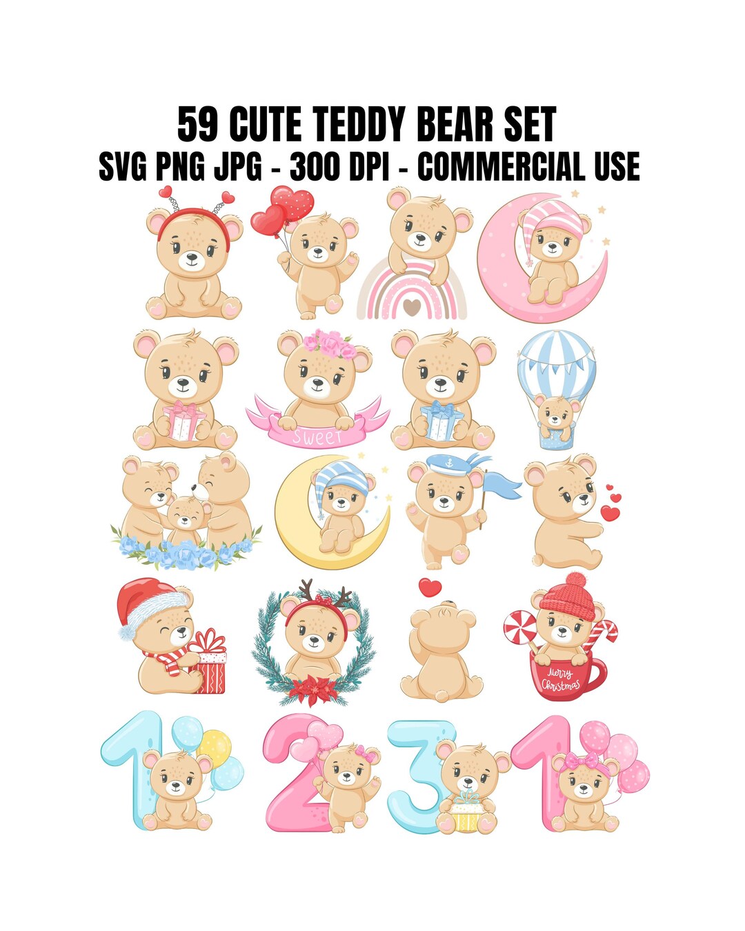 59 Cute Teddy Bear Clipart Bundle SVG PNG JPG Icons, Kawaii Teddy Bear ...