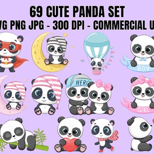 69 Cute Panda Clipart Bundle SVG PNG JPG, Kawaii Panda, Animale di compleanno, Cucciolo di panda, Clipart di animali carini, Piccoli panda bambini, Asilo nido