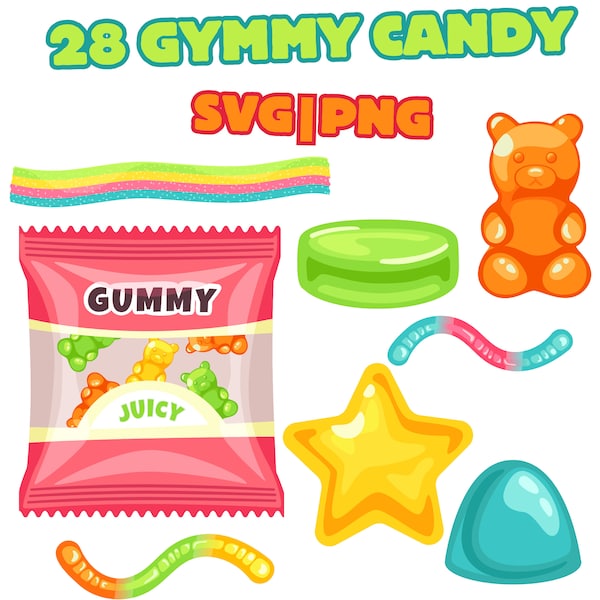Gummy Candy Clipart Bundle 28 SVG PNG, Gummy bears, Jelly candy, Sweets clipart, Sweets printable stickers, Sublimation craft digital design