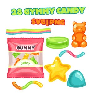 Gummy Candy Clipart Bundle 28 SVG PNG, oursons gommeux, bonbons à la gelée, clipart bonbons, autocollants imprimables bonbons, conception numérique d'artisanat par sublimation