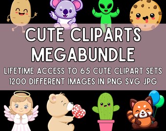 Pode incluir: Um conjunto de 65 conjuntos de clipart fofos com 1200 imagens diferentes nos formatos PNG, SVG e JPG. O clipart inclui uma variedade de personagens, como uma batata, um coala, um alienígena, um biscoito, um anjo, um urso, um cacto e um panda vermelho.