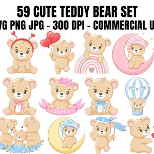 59 Carino Teddy Bear Clipart Bundle SVG PNG JPG Icone, Kawaii Teddy Bear, Animale di compleanno, Orsetto, Carino animale Clipart, Bambini orso, Vettore