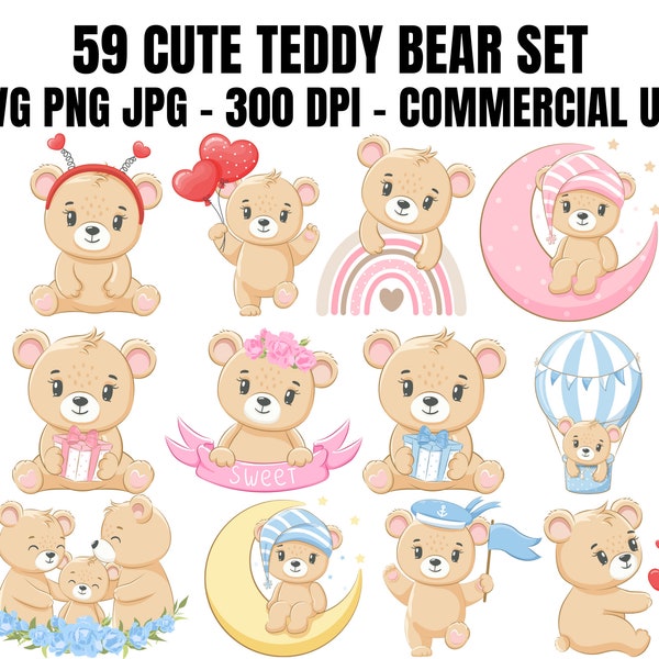 59 Cute Teddy Bear Clipart Bundle SVG PNG JPG Icons, Kawaii Teddy Bear, Birthday Animal, Baby Bear, Cute Animal Clipart,Kids Bear,Vector