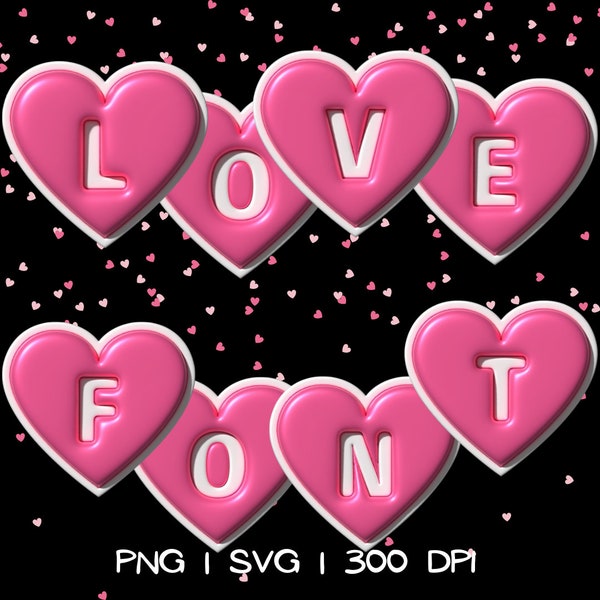 3D Pink Heart Font SVG PNG Letters, Pink Alphabet, Doodle Letters, Bubbly Font, Cute Alphabet, 3D Love Letters, 3D alphabet, Cricut font