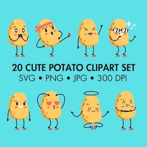 Paquete de 20 imágenes prediseñadas de papas lindas SVG PNG JPG Papa kawaii Papa bebé Imágenes prediseñadas de vegetales lindos Papa divertida Gráficos vectoriales para guardería infantil