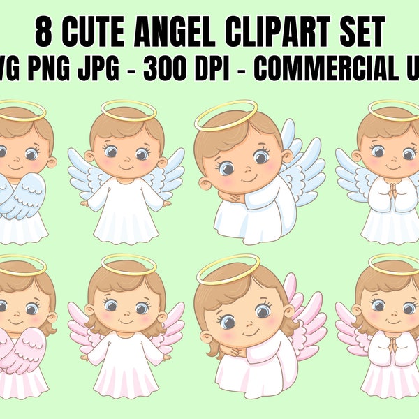 8 Cute Angel Clipart Bundle SVG PNG JPG Icons, Baby Angel, Kids Angel, Little Angel, Baptism Clipart, Vector Graphics, Illustration