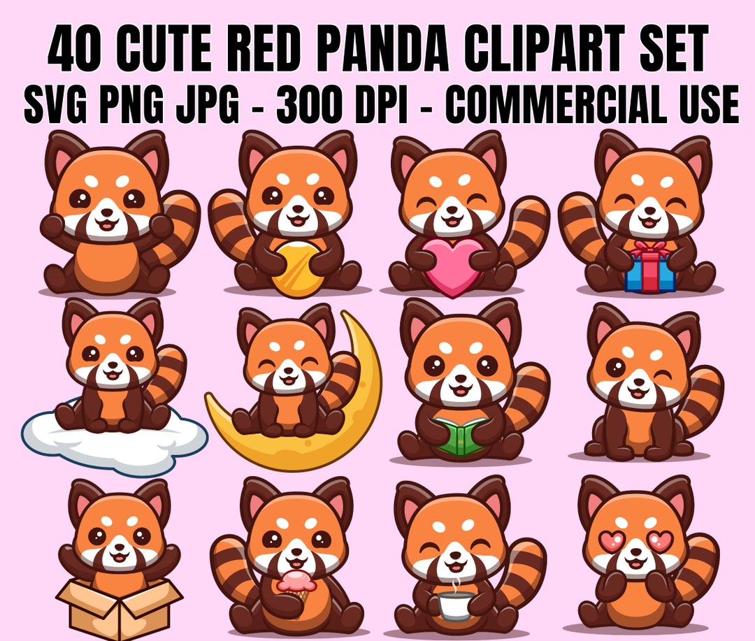 40 Cute Red Panda Clipart Bundle SVG PNG JPG Icons, Kawaii Red Panda ...