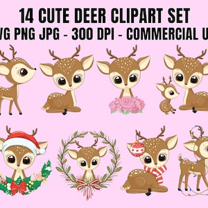 14 süße Hirsch Clipart Bundle SVG PNG JPG Icons, Kawaii Hirsch, Weihnachtstiere, Baby Hirsch, süße Tier Clipart, kleine Hirsch Kinder, Vektor