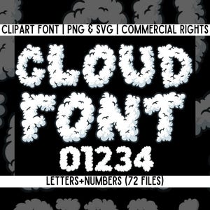 May include: A cloud-shaped font with the word "CLOUD FONT" and the numbers "01234" in white. The text "LETTERS+NUMBERS (72 FILES)" is below the numbers.