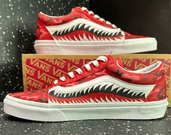 Custom Hand Painted Old Skool Vans - "Crimson Predator". 100% hand painted, authentic shoes, unique gift, bape, sprayground, shark teeth.