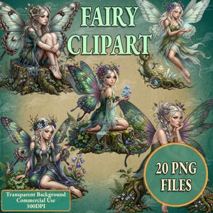 Elegant Forest Fairy Clipart Set, Woodland Pixie PNG, Mystical Elven Princess Graphics, Digital Download, Pack of 20