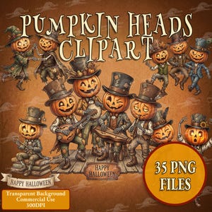 Vintage Halloween Clipart Bundle, Pumpkin Head PNG, Retro Jack O Lantern Skeleton Art, Fall Folk Sublimation Design, Pack of 35 PNG Files