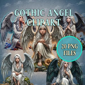Könnte beinhalten: Eine digitale Sammlung von Gothic-Engel-Cliparts mit fünf verschiedenen Illustrationen von geflügelten Figuren mit langem weißem Haar und Kapuzenroben. Der Text GOTHIC ANGEL CLIPART und 20 PNG FILES ist über die Bilder gelegt.