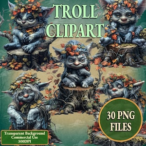 Könnte beinhalten: Eine digitale Sammlung von Troll-Cliparts mit fünf verschiedenen Illustrationen von blauhäutigen Trollen mit großen Ohren und Herbstlaubkronen, die auf Baumstümpfen sitzen. Der Text TROLL CLIPART und 30 PNG FILES ist auf dem Bild zu sehen.