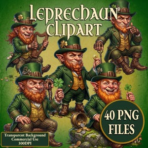 Könnte beinhalten: Eine digitale Sammlung von Leprechaun-Illustrationen mit Figuren in grünen Mänteln, goldenen Westen und Zylindern mit Kleeblättern. Der Text lautet LEPRECHAUN CLIPART und 40 PNG FILES. Die Figuren sind mit Harfen, Münzen und Kleeblättern dargestellt.
