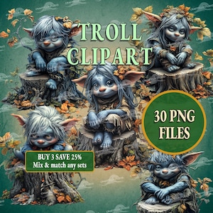 May include: A digital collection of troll clipart featuring four distinct illustrations of blue-skinned trolls with pointed ears and messy hair, each sitting on a tree stump surrounded by autumn leaves. The image includes text reading TROLL CLIPART, 30 PNG FILES, and BUY 3 SAVE 25% Mix & match any sets.