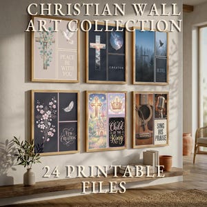 Könnte beinhalten: Eine Sammlung von sechs gerahmten Wandbildern mit christlichen Motiven, darunter Kreuze, eine Taube, eine Krone, eine Burg, eine Gitarre und ein Mikrofon. Die Bilder enthalten Texte wie Peace Be With You, Creator, Be Still und Child of the King.