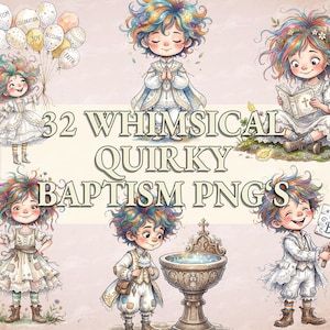 Whimsical Baptism Clipart Bundle, Quirky Christening PNG Digital Download, Holy Communion Graphics, God Bless Word Art Sublimation Elements