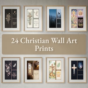 Könnte beinhalten: Eine Sammlung von 24 christlichen Wandkunstdrucken in hellen Holzrahmen. Jeder Druck zeigt ein mehrteiliges Design mit religiösen Motiven, darunter Kreuze, Tauben, Landschaften und Schriftzüge wie Amazing Grace und Child of the King.