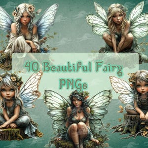 Könnte beinhalten: Digitale Illustration von sechs Feen mit detaillierten Flügeln, Blumenkränzen und fließenden Kleidern. Das Bild enthält den Text "40 Beautiful Fairy PNGs" auf grünem Hintergrund, ideal für digitale Kunstprojekte.