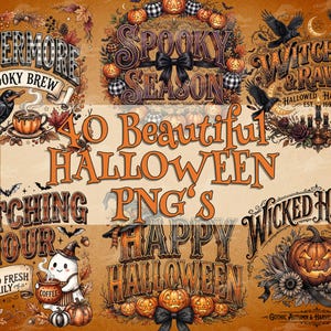 Könnte beinhalten: Eine Sammlung von 40 digitalen Halloween-Grafikdesigns mit orangefarbenen und schwarzen Motiven. Die Elemente umfassen Kürbisse, Raben, Geister und Herbstblätter mit Texten wie Nevermore, Spooky Season, Witches & Ravens, Witching Hour und Wicked Harvest.