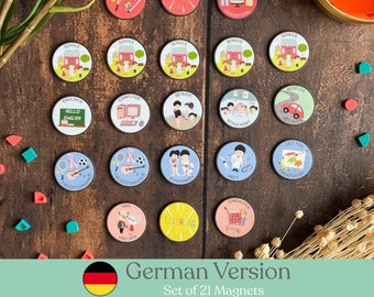 Montessori, lot d'aimants d'activités, version allemande, illustrations, aimants pour écoliers, aimants visuels, résistant, lot de 21 aimants