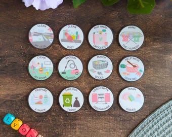 Zestaw magnesów „Dziecięce obowiązki”, magnesy dla uczniów, ilustracje Montessori, zadania, okrągły, codzienna rutyna, sprzątanie, zestaw 12 magnesów