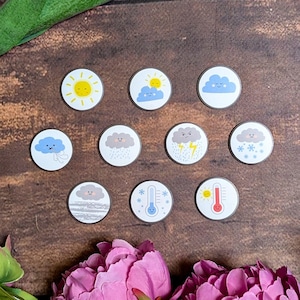 Wetter Magnet Set, rund, Visuelle Klima Magnete, Illustriert, Langlebig, Handgemacht, Set mit 10 Magneten