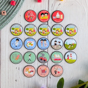 Ensemble d'aimants pour activités pour enfants, Montessori, rond, illustrations, aimants pour la maternelle, aimants visuels, durable, ensemble de 21 aimants