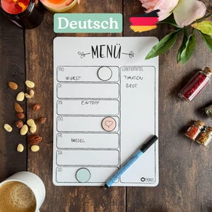 Magnetyczny planer posiłków, wersja niemiecka, matowy, minimalistyczny, wielokrotnego użytku, menu, personalizowany, w zestawie darmowy marker, tablica suchościeralna