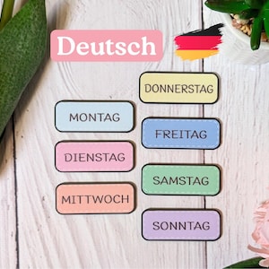 Juego de imanes con los días de la semana, versión en alemán, colores pastel, rectangulares, juego de 7 imanes, accesorios para calendarios, Montessori, imanes para el frigorífico