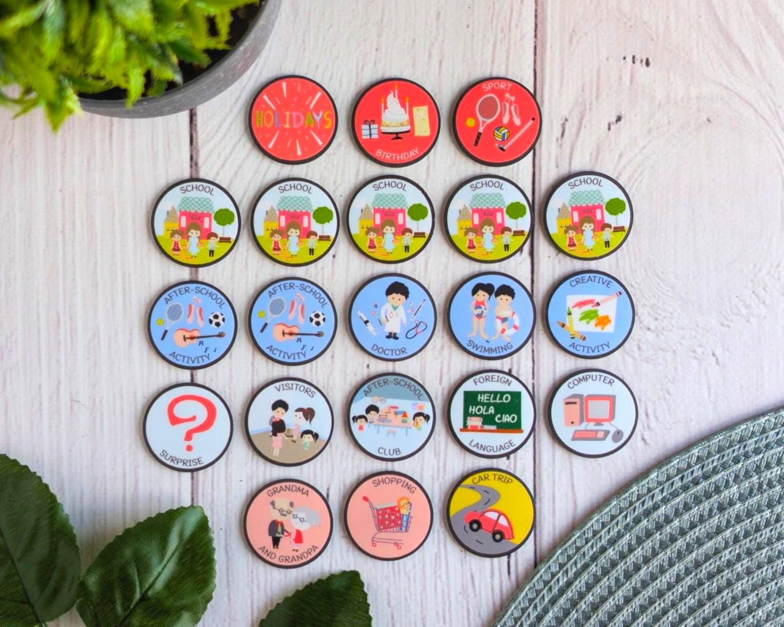 Kids Activities Magnet Set, Schoolchildren magnets, Montessori Illustrations, Round, Handmade, Visual Magnets, Durable, Set of 21 Magnets