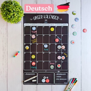 Monatlicher Magnetischer Familienkalender, Deutsche Version, Schwarz, Weiß, Personalisiert, mit Magneten, Matt, Wochenplan, Marker inklusive, trocken abwischbares Brett
