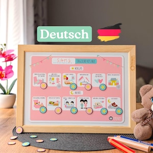 Magnetische dagelijkse routine voor kinderen, Duitse versie, montessori, ochtend, avond, visueel schema, mat, roze, met magneten, droog uitwisbaar bord