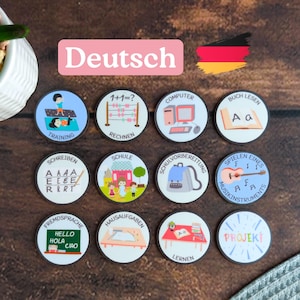 Magnesy do harmonogramu edukacji domowej, niemiecki, zestaw aktywności edukacyjnych, kalendarz nauki, wizualny harmonogram, narzędzie edukacyjne Montessori, planista nauki