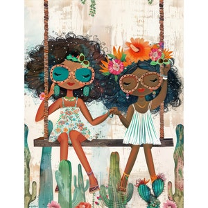 Può includere: Due ragazze con capelli castano scuro e pelle scura sono sedute su un'altalena. Indossano abiti colorati e occhiali da sole. Lo sfondo è marrone chiaro con cactus e fiori.