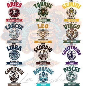 May include: A colorful graphic illustration of the 12 zodiac signs with their corresponding symbols and personality traits. Each sign is depicted in a circle with a unique design and color scheme. The text "I'm an Aries", "I'm a Taurus", "I'm a Gemini", etc. is displayed above each sign.