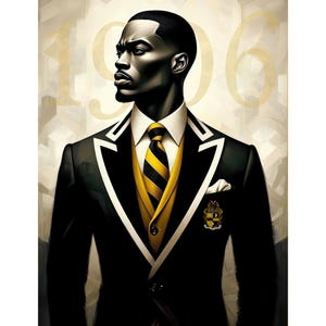 May include: A man in a black suit with a white collar and a yellow and black striped tie. He is wearing a gold vest and a gold pin with a crest on it. The background is a blurred image of the number 1966.