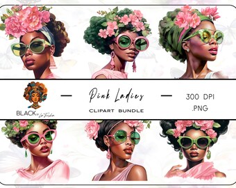Pink & Green Floral Black Girl Clipart: Sublimation PNG Images (Digital Download)