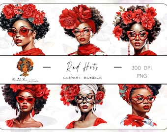 Red Floral Black Girl Clipart Bundle, Sublimation PNG (Digital Download)