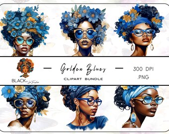 Golden Blues Clipart Bundle, Black Girl PNG, Blue and Gold Clipart, African American Clipart, Sublimation Images