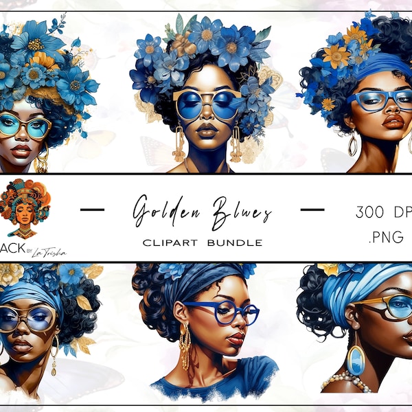 Golden Blues Clipart Bundle, Black Girl PNG, Blue and Gold Clipart, African American Clipart, Sublimation Images