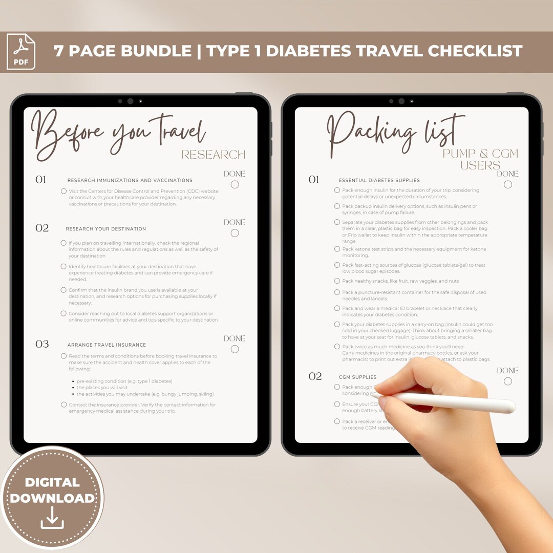 Fillable T1D Travel Checklist, Printable Type 1 Diabetes Vacation