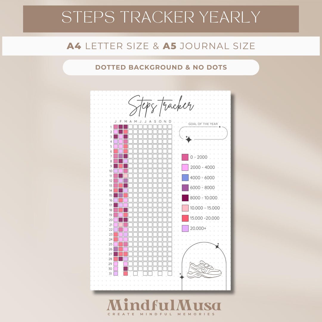 Step Tracker Pixel Yearly Tracker, Printable Dot Bullet Journal Page ...