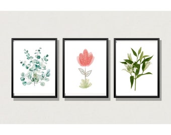 Watercolor Flowers wall Art set of 3 prints, Neutral Botanical Wall Art, Boho Printable Wall Art, Floral Instant Art, Digital Download