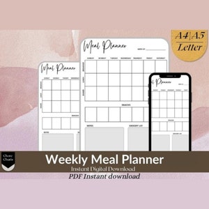 Minimalist Weekly Meal Planner, Weekly Grocery List, Food Diary, Meal Tracker, Food Journal, Meal Prep Planner, A4/A5/Letter/Half Size, PDF