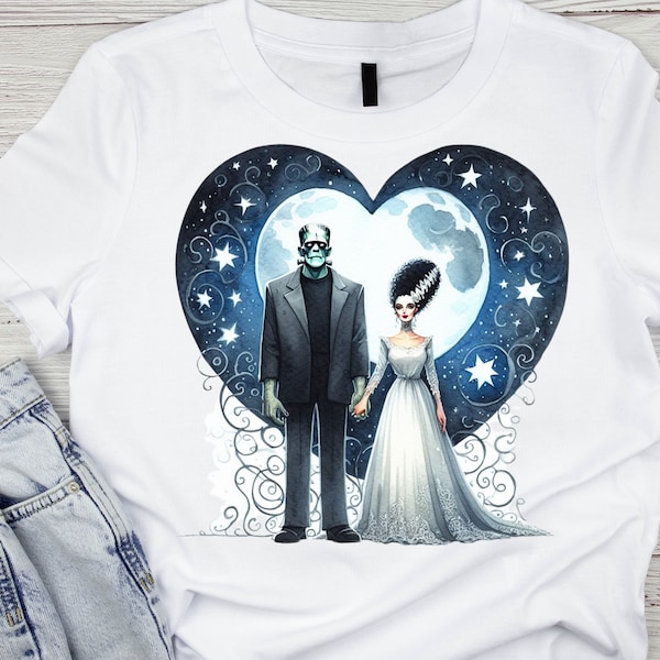 Watercolor Bride of Frankenstein and Frankenstein's Monster Just Married Halloween Couple PNG SVG Digital Clip Art File Novelty Bachelorette